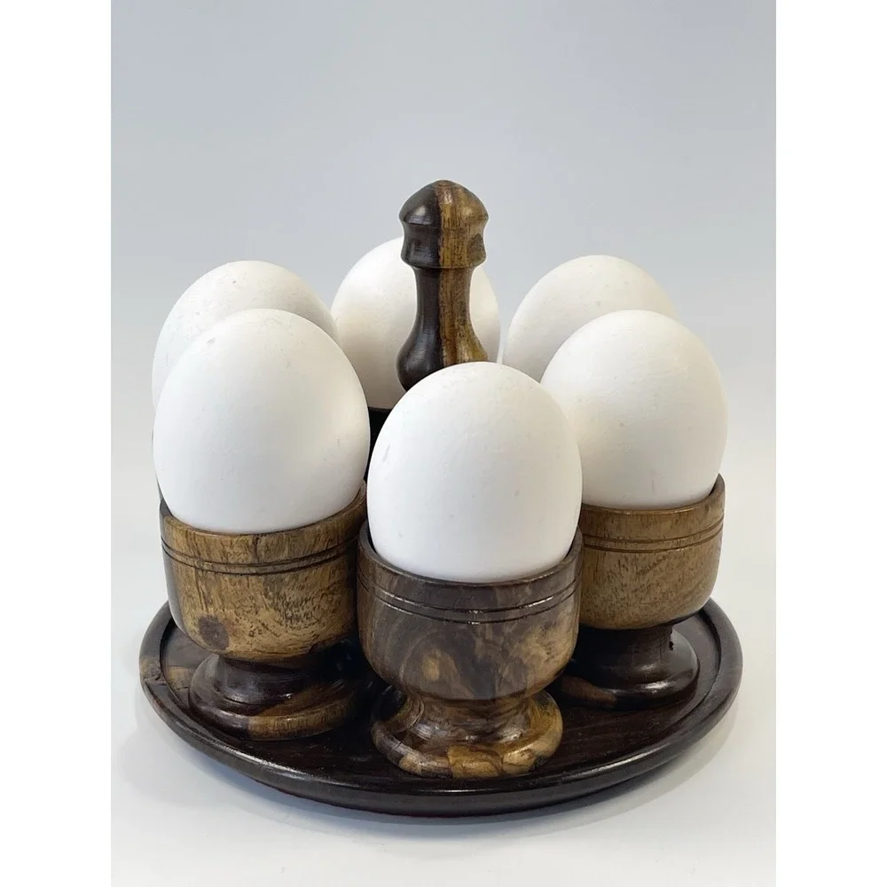 Wooden Goblets W/Tray Egg‎ Holder ~ Possibly Olive Or Teak Wood Vintage4.5 in